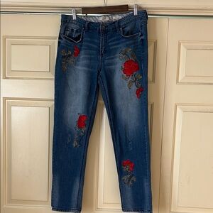 Vintage America Jeans with Red Floral Embroidery